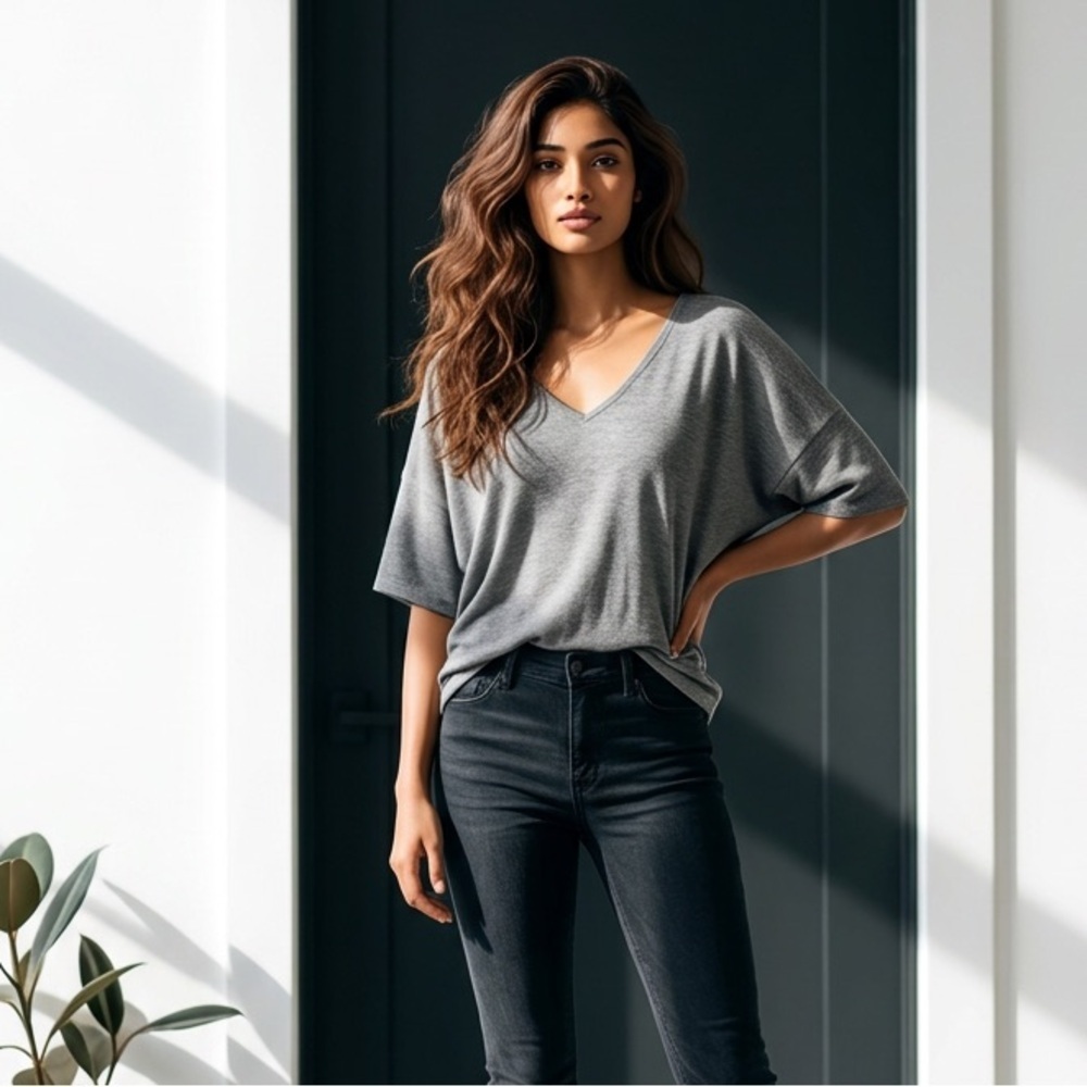 Neat YANA K Women’s Charcoal Short Sleeve Apple V Neck Blouse Off Shoulder - OS